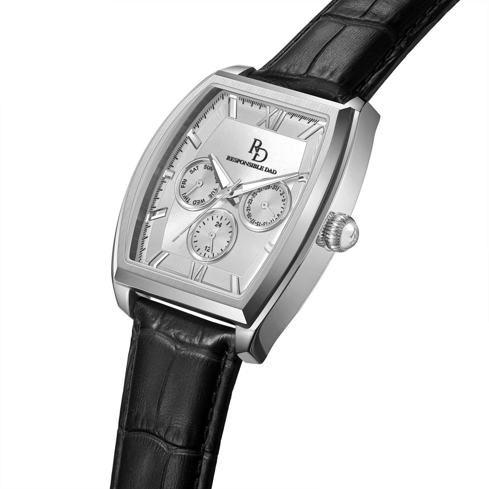 Responsible Dad RD0493 white dial chronograph watch with leather strap, front view
