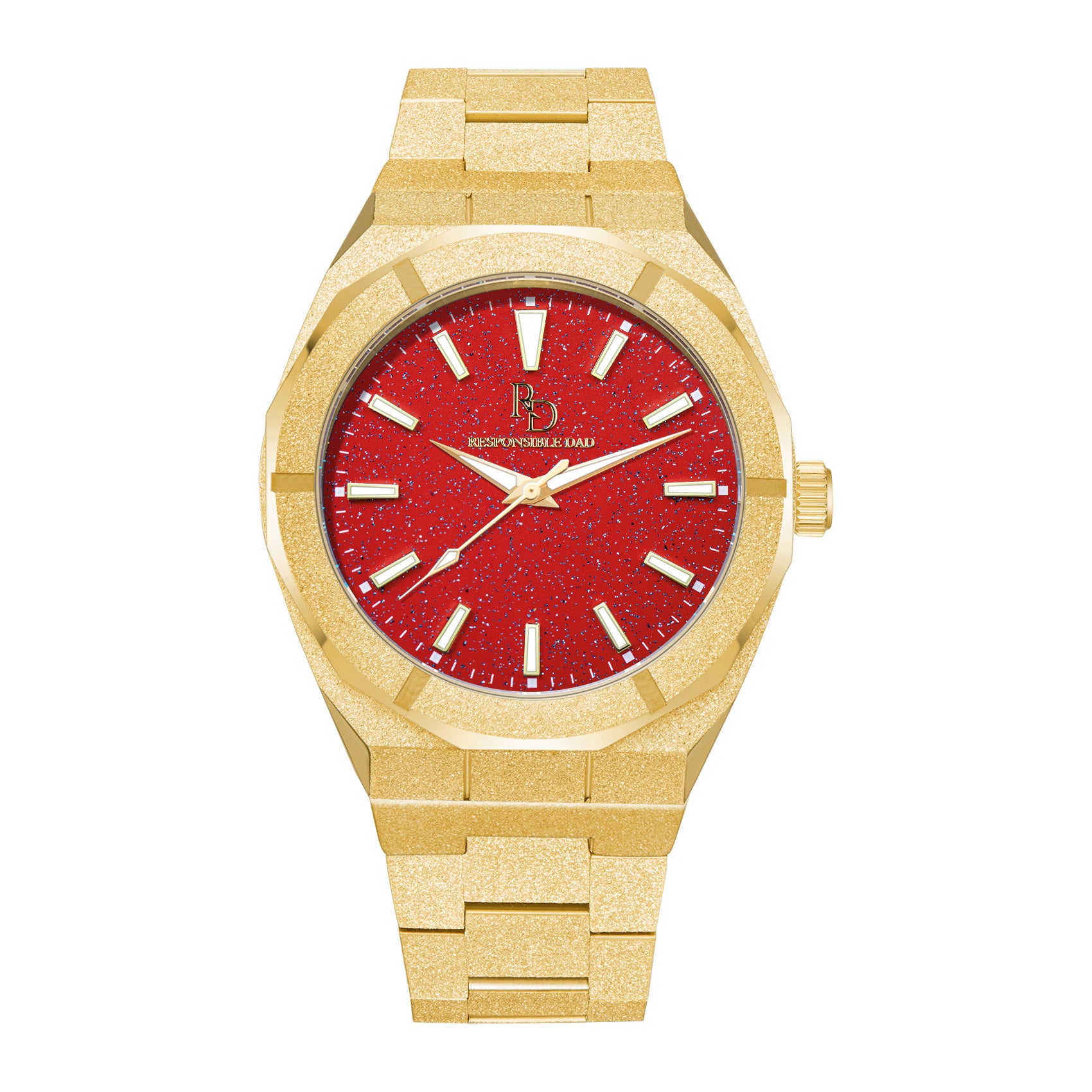 Responsible Dad Watches RD63 gold frosted timepiece with red dial on display
