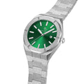 Frosted Hero 0796 silver luxury watch for men with deep green dial and stainless steel bracelet, front view