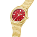 Frosted AlphaDad RD63 gold luxury watch for men with red dial and stainless steel bracelet, front view