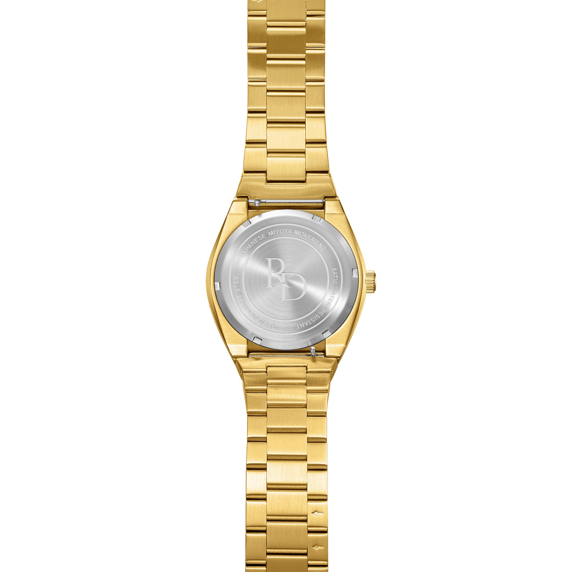 RD63 gold luxury watch with sapphire crystal and luminous markers, side detail